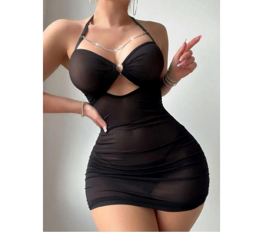 Siyah Göğüs Zincirli Tül Fantezi Gecelik