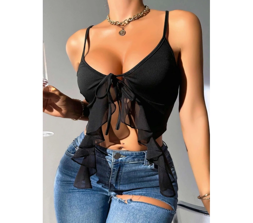 Siyah İnce Askılı Önden Bağlamalı Fırfır Detaylı Crop
