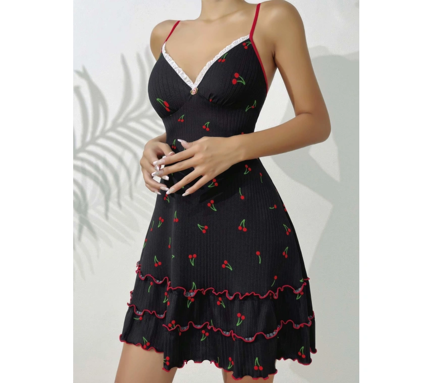 Siyah Kiraz Baskılı  Akılı Gecelik 5110