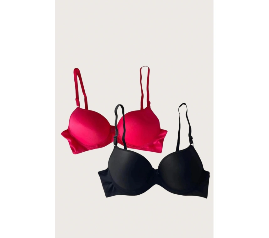 Siyah-kırmızı 2li Mikro Kumaş Push Up Dolgulu Balenli Günlük Destekli Sütyen