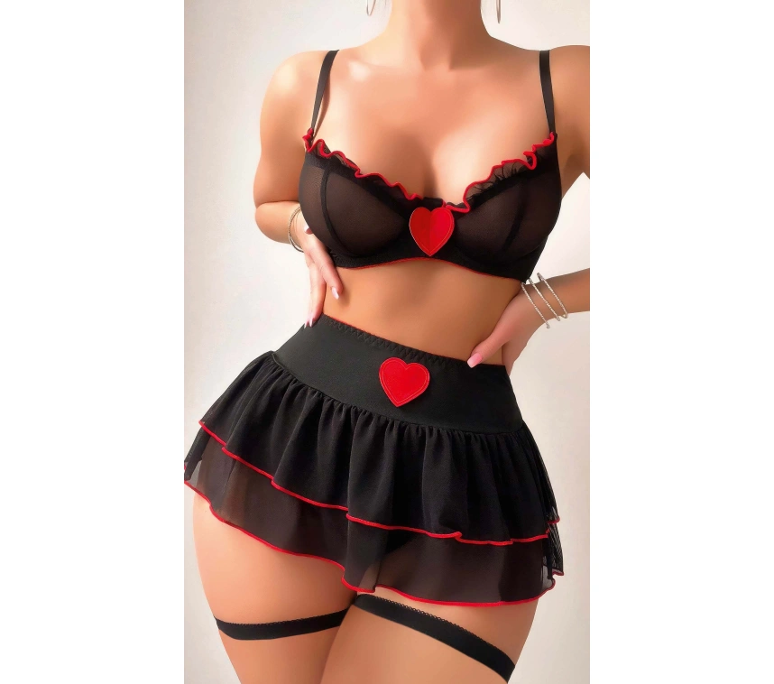 Siyah Kırmızı Kalp Detaylı Seksi İç Çamaşır Seti