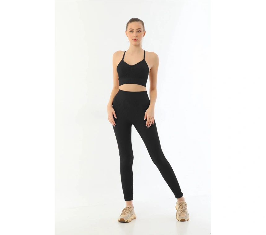 Siyah Mı Emay 3921 Soft Seamless Ripli Tayt Yoga Takımı