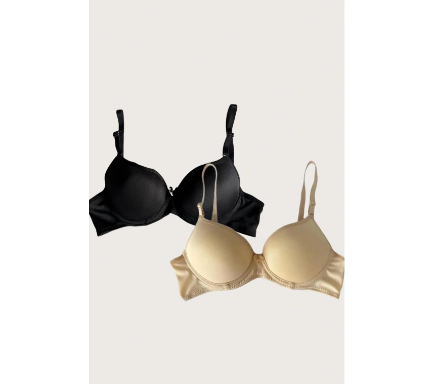 Siyah-ten 2li Mikro Kumaş Push Up Dolgulu Balenli Günlük Destekli Sütyen