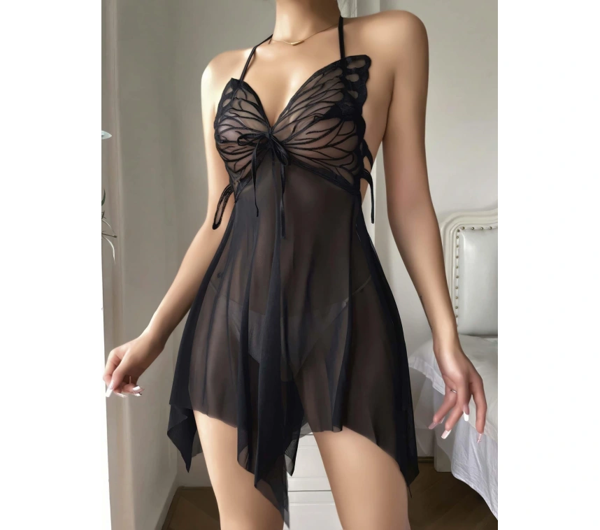 Siyah Transparan Kelebek Detaylı Tül Fantezi Gecelik 2243