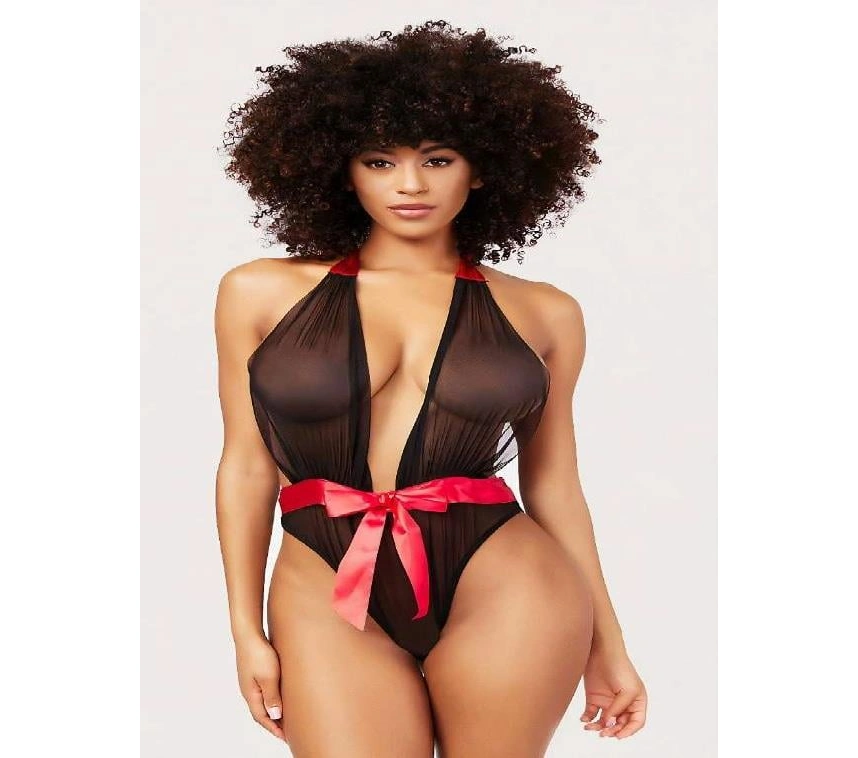 Siyah Transparan Tül Kırmızı Kurdelalı Fantezi Babydoll