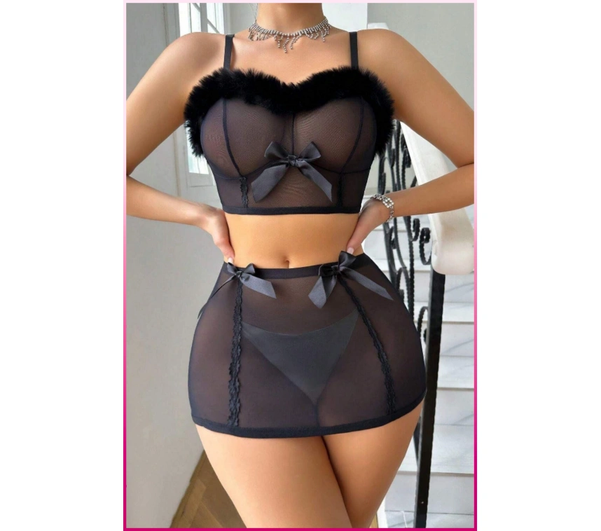 Siyah Tül Kurdele Detaylı Seksi İç Giyim Seti