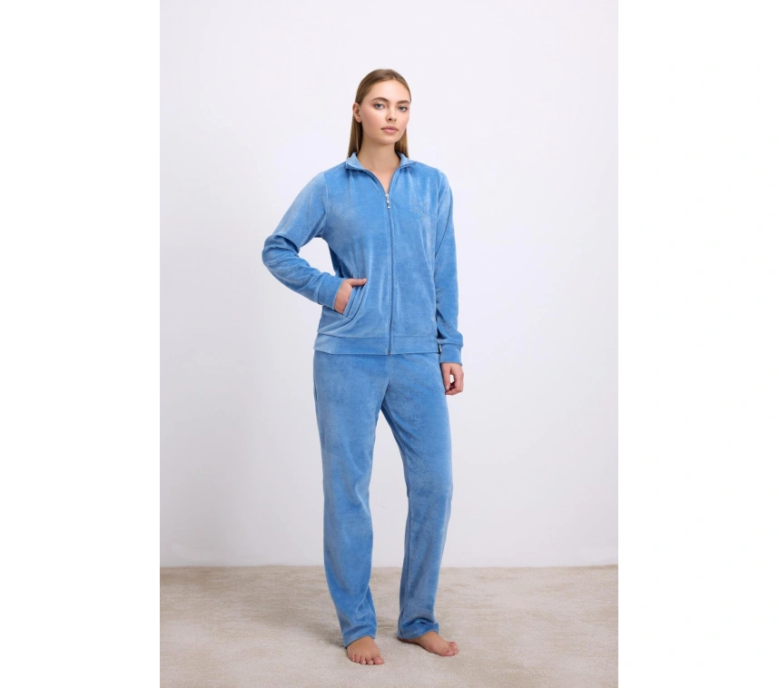Uzun Kollu Fermuarlı Kadife Sweatshirt Ve Pantolon Pijama Takımı