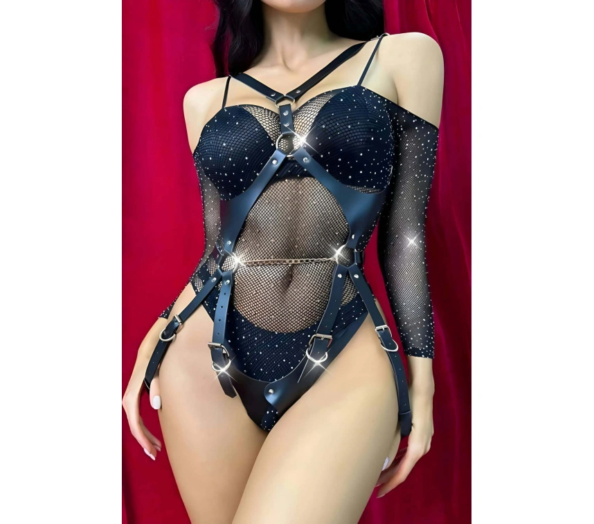 Zincirli Ağı Açık Fantazi Deri Body Harness - Brf1170