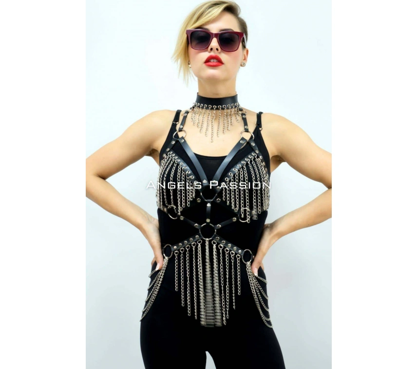 Zincirli Deri Harness, Deri Dansçı Kostüm, Choker Detaylı Deri Harness - Brf1397