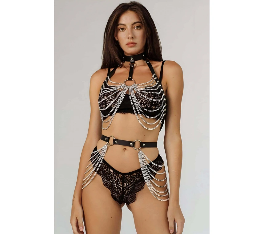 Zincirli Göğüs Ve Bel Detaylı Boyun Ve Arkadan Bağlamalı Harness - Brf701