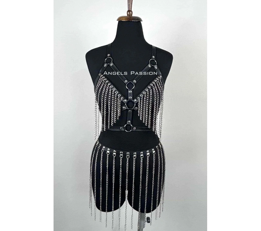 Zincirli Harness Takım, Deri Zincirli Etek Takım - Brf496