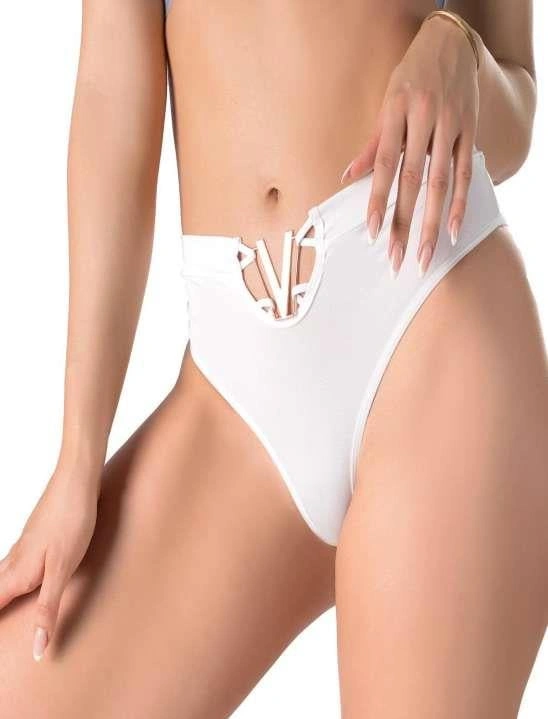 Beyaz V Metal Aksesuarlı Yüksek Bel String Tanga