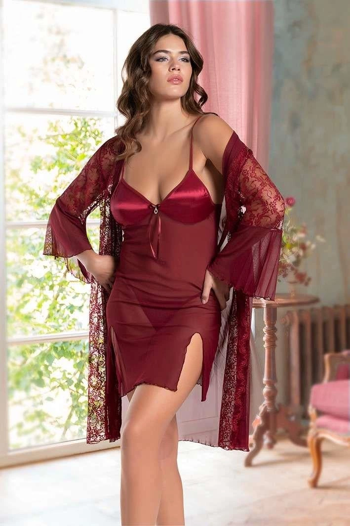 Bordo Transparan Dantel İşlemeli Tül Yırtmaçlı 2li Gecelik Takımı