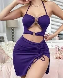 Kadın Mor Fantezi Elbise Önden Büzgü Dekolteli 5083