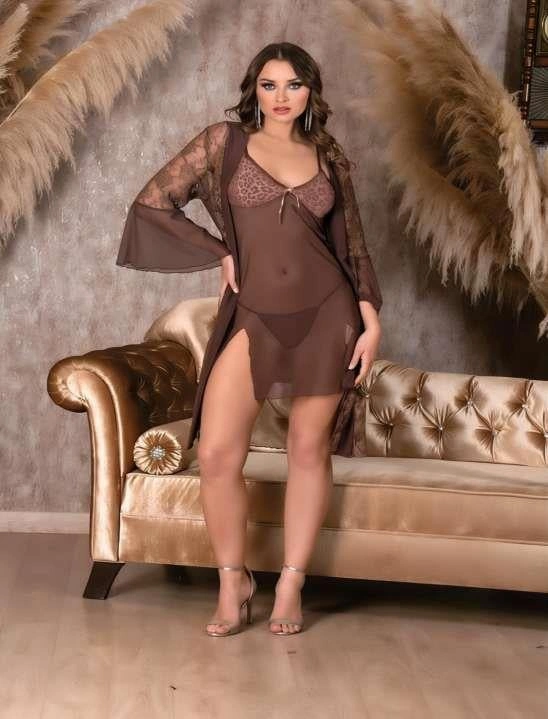 Leopar Desenli Transparan Dantel İşlemeli Tül Yırtmaçlı 2li Gecelik Takımı