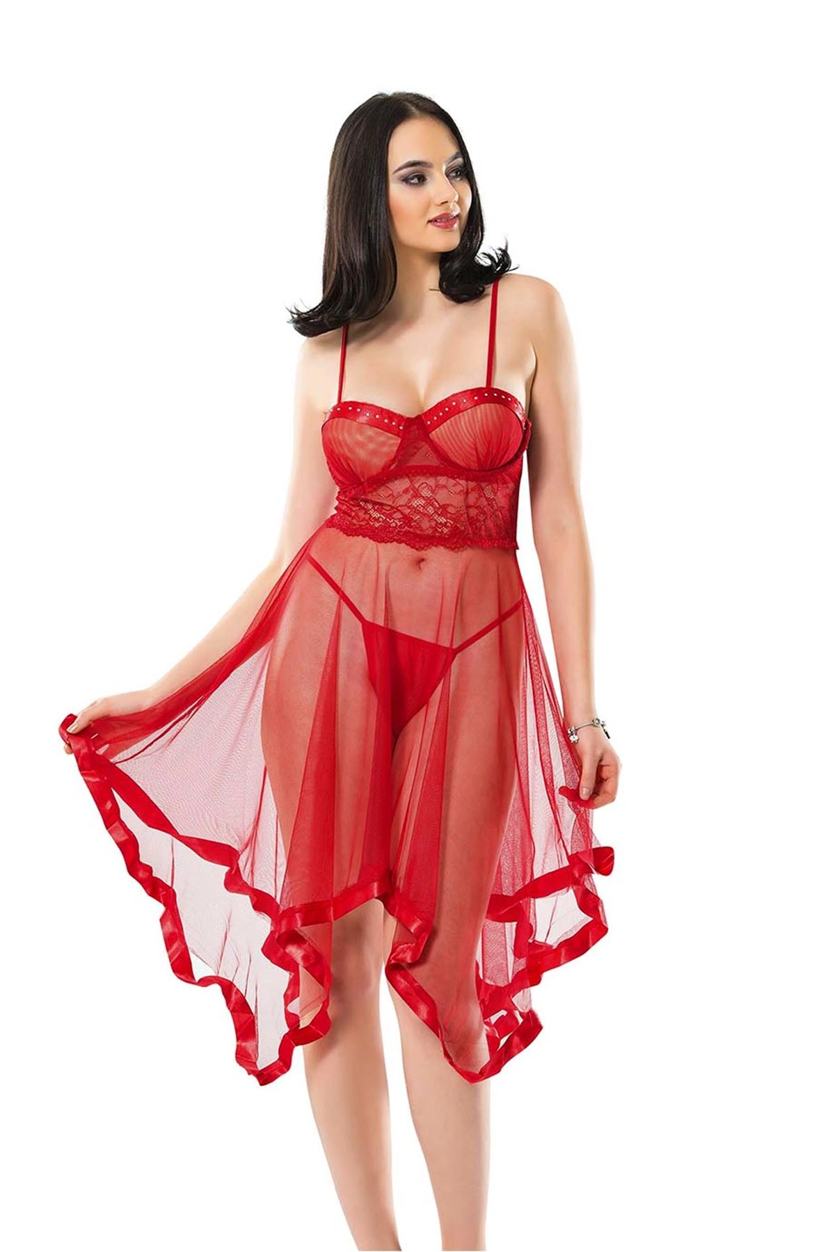 Lesca Kırmızı Petli Tül Şifon Gecelik - 229