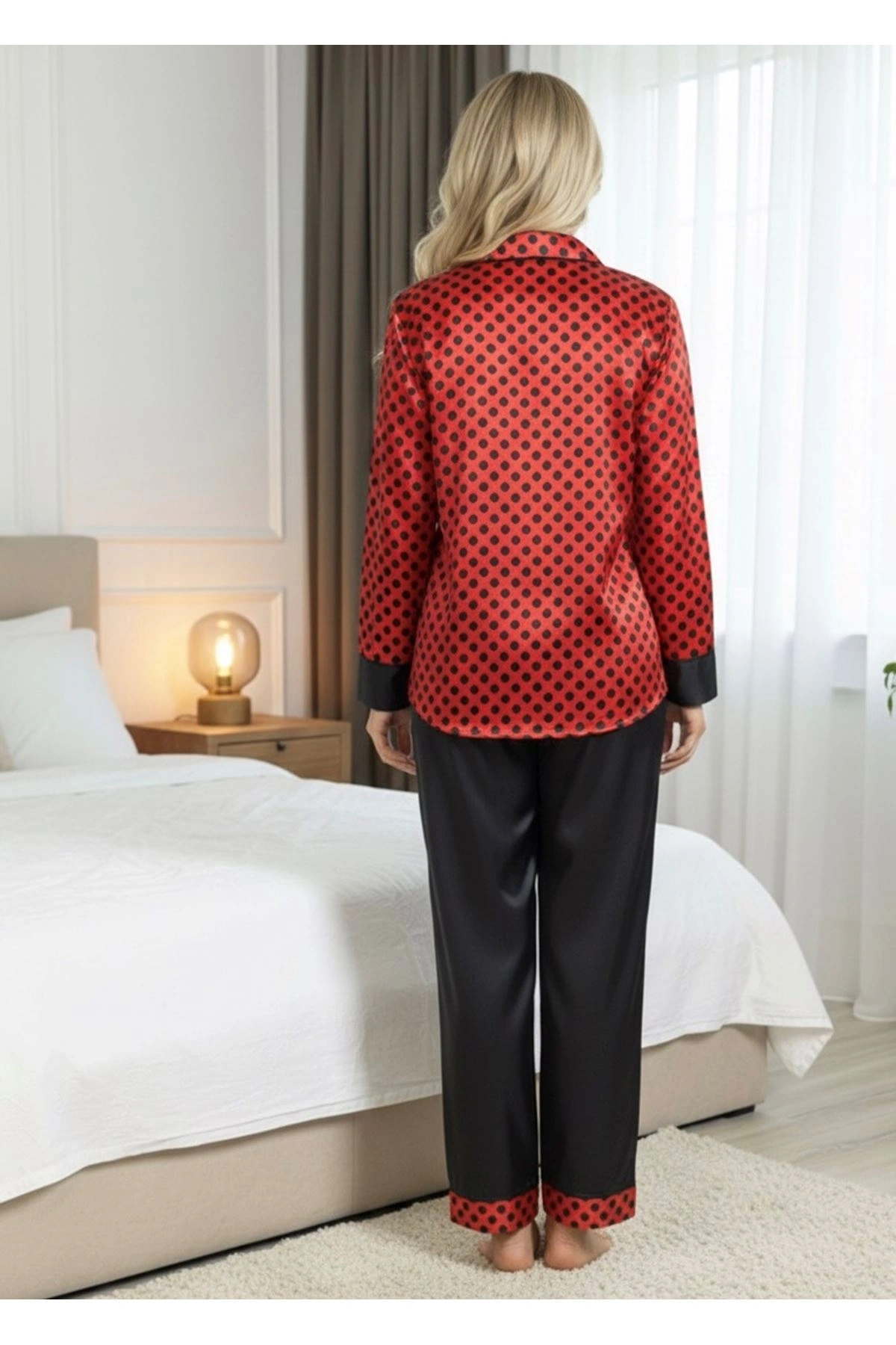 Lesca Siyah-kırmızı Saten Pijama Takımı - 1621