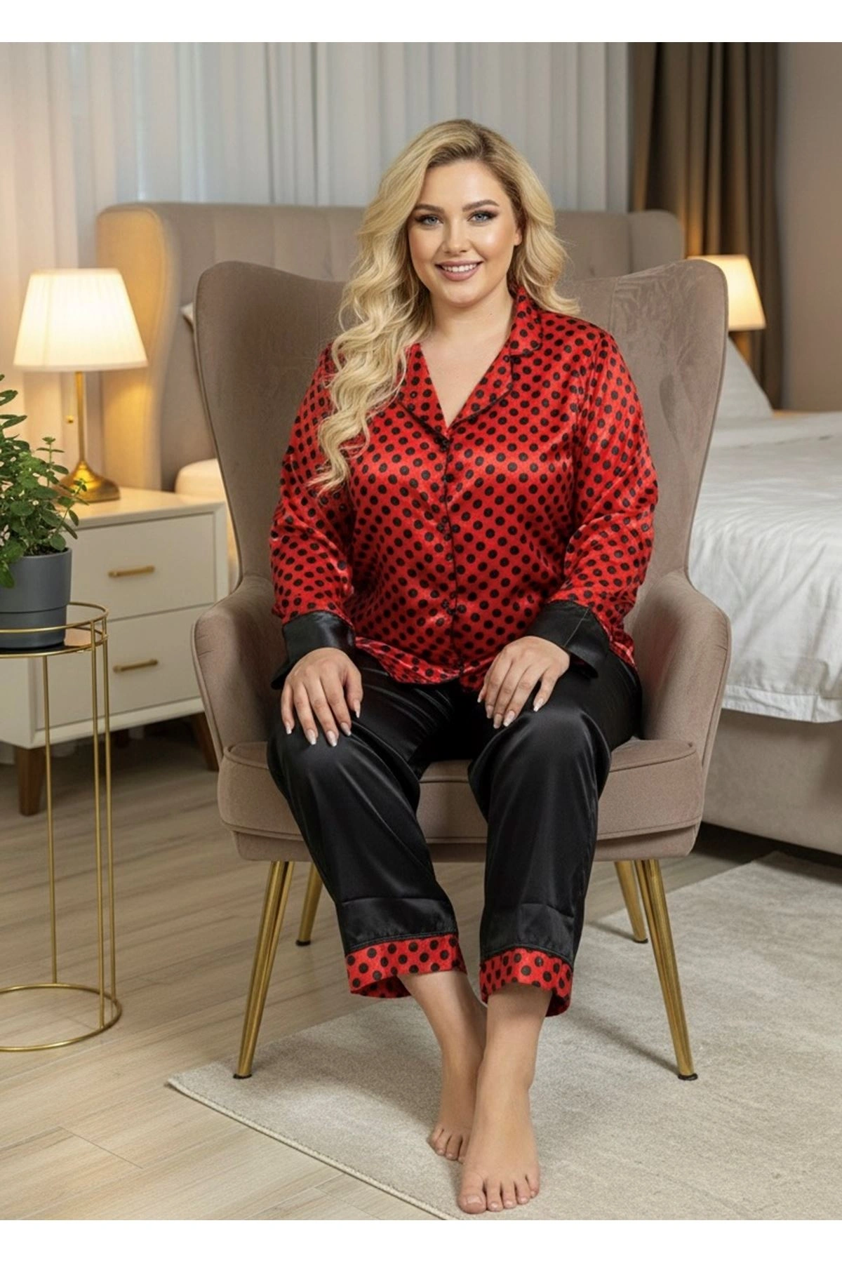 Lesca Siyah-kırmızı Saten Pijama Takımı - 1621