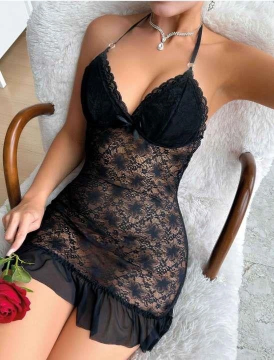 Siyah Dantel İşlemeli Boyundan Bağlamalı Likralı Fantezi Tül Gecelik