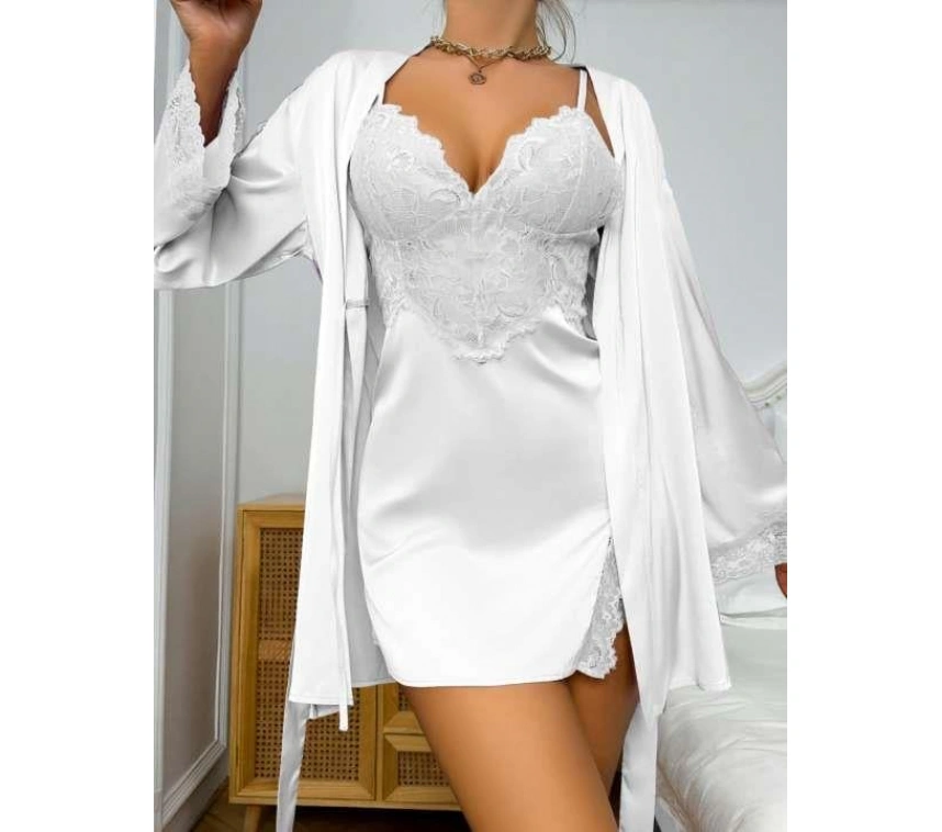 Dantel İşlemeli İnce Askılı Beyaz 2li Saten Gecelik Sabahlık Takımı