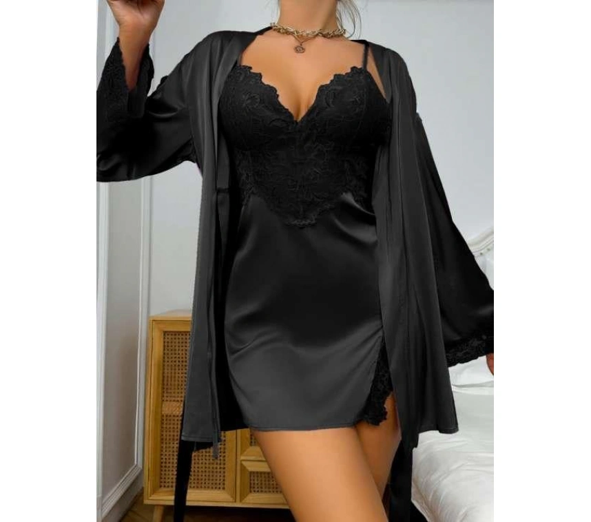 Dantel İşlemeli İnce Askılı Siyah 2li Saten Gecelik Sabahlık Takımı