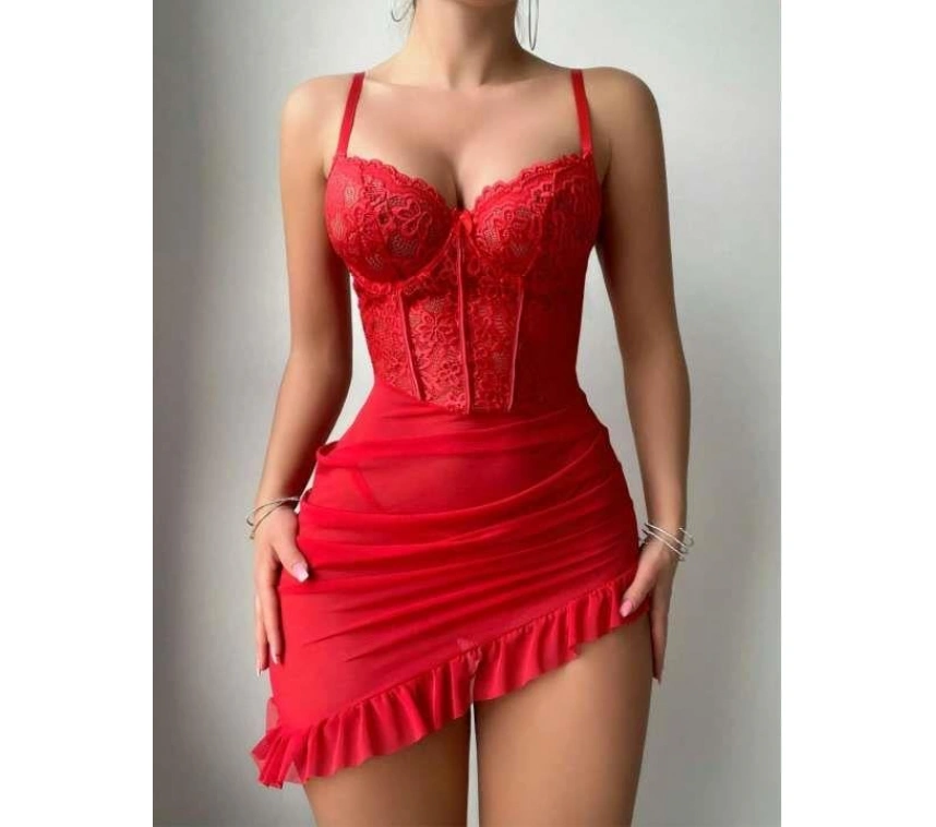 Fırfırlı Dantel İşlemeli Tül Fantezi Kırmızı Gecelik