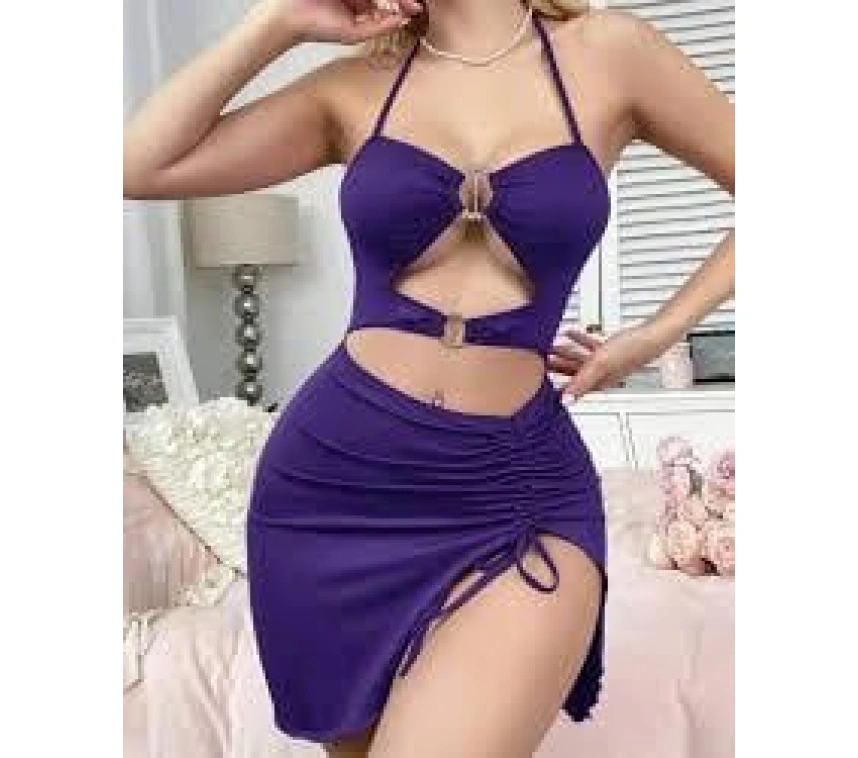 Kadın Mor Fantezi Elbise Önden Büzgü Dekolteli 5083