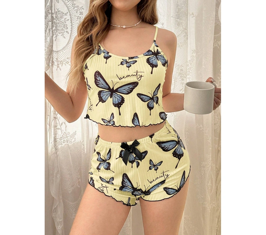 Kadın Sarı Kelebek Desenli Askılı Şortlu Ribana Pijama Takımı,rahat Ve Şık Ev Giyim,kadın Pijama