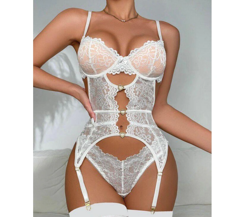 Kalp Aksesuarlı Dantelli Fantezi Beyaz Jartiyer Takım