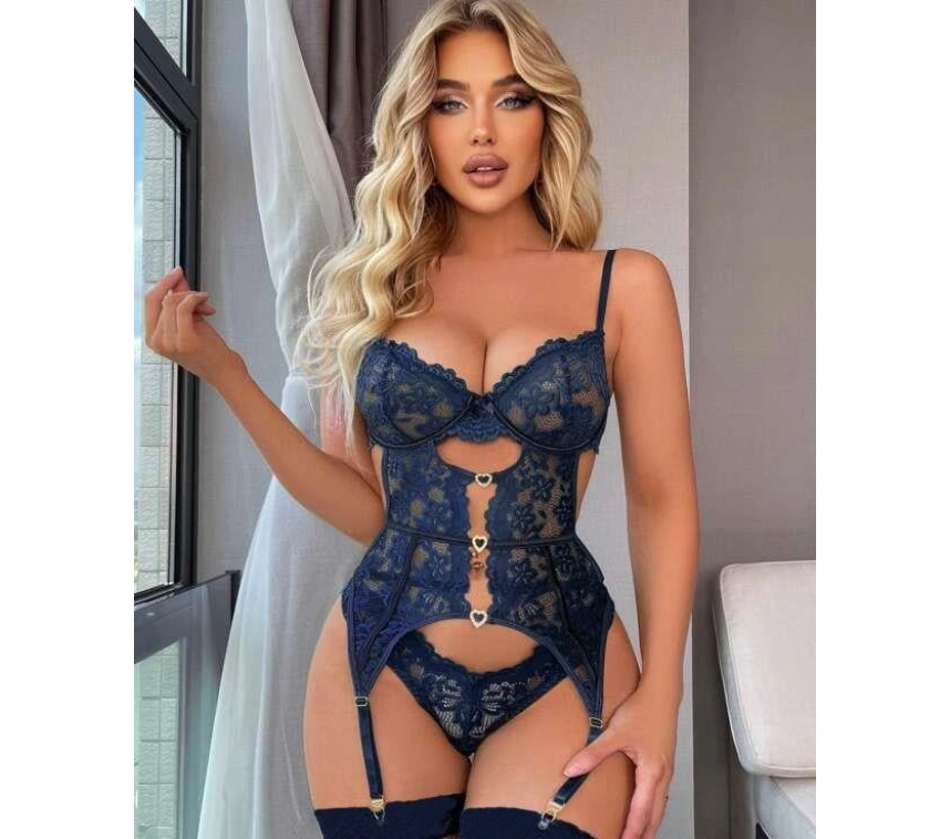 Kalp Aksesuarlı Dantelli Fantezi Mavi Jartiyer Takım