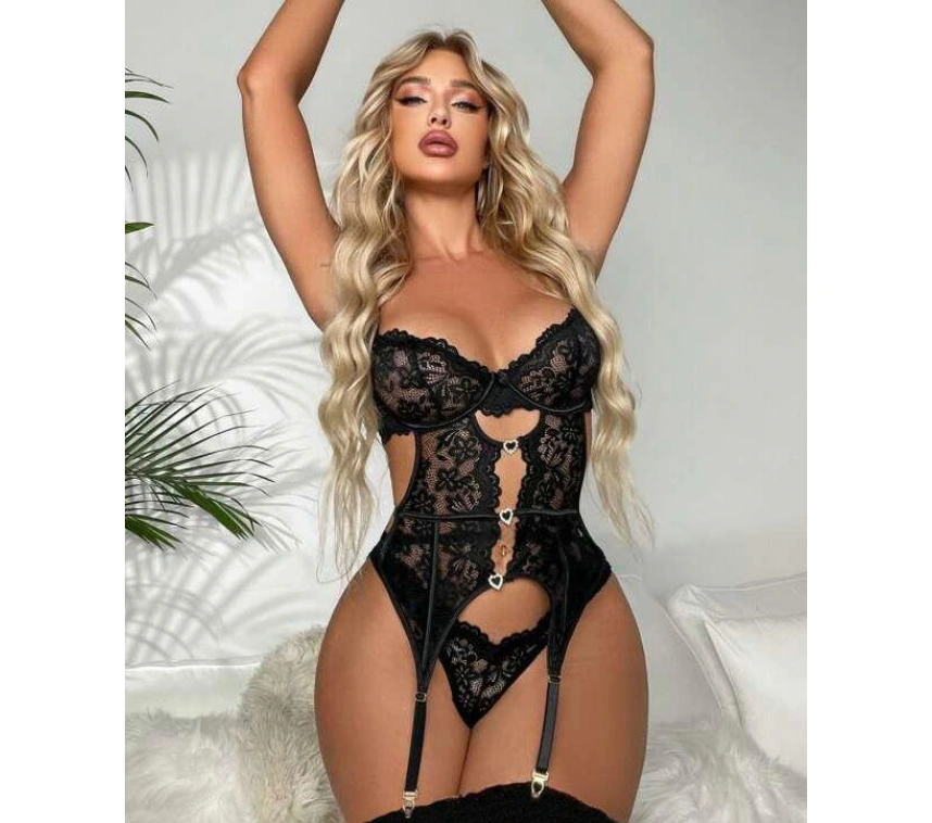 Kalp Aksesuarlı Dantelli Fantezi Siyah Jartiyer Takım