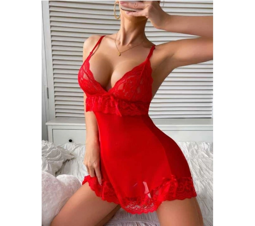 Kırmızı Dantel İşlemeli İnce Askılı Likralı Fantezi Tül Gecelik