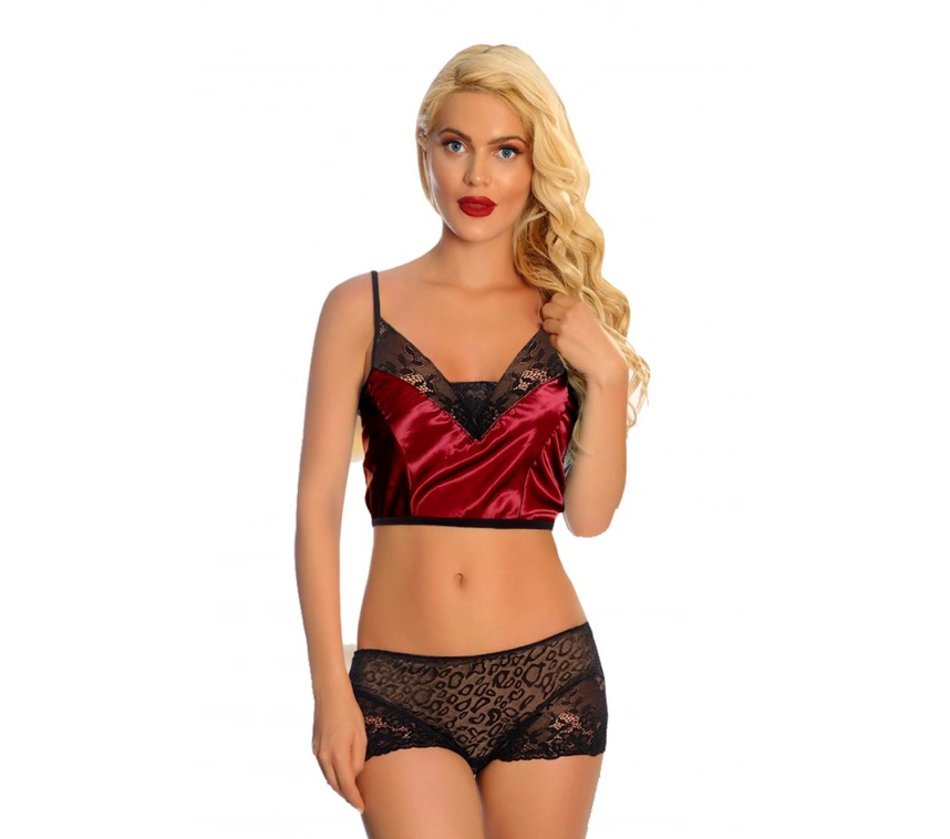 Lesca Bordo Saten Dantelli Babydoll Şortlu Takım - 288