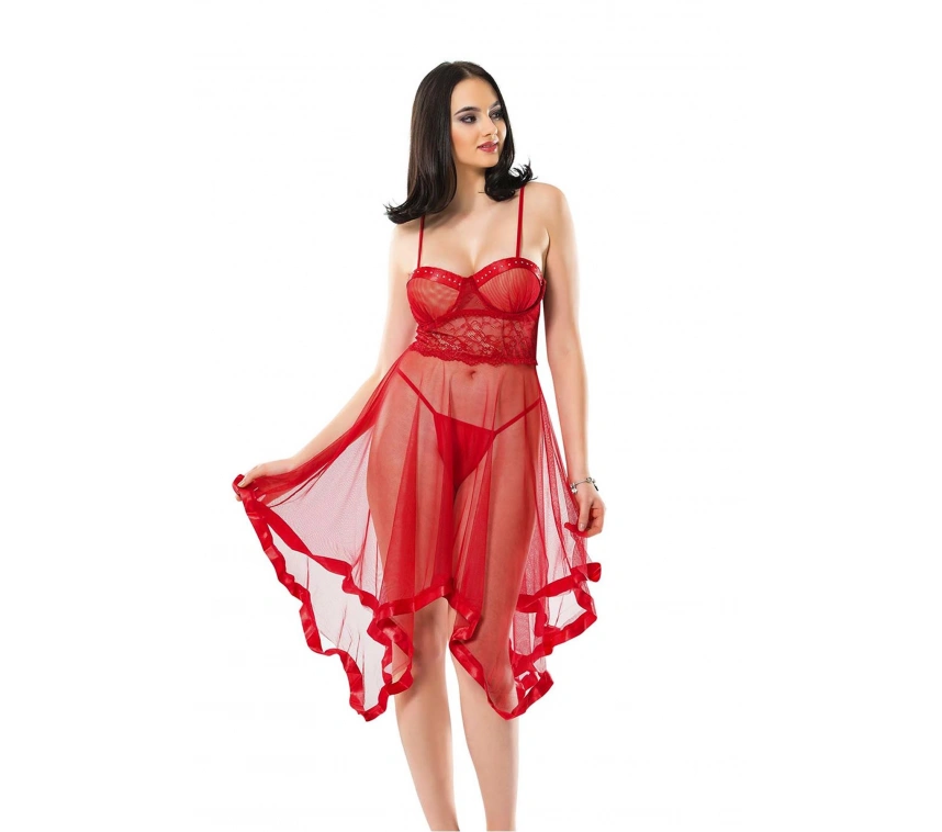 Lesca Kırmızı Petli Tül Şifon Gecelik - 229