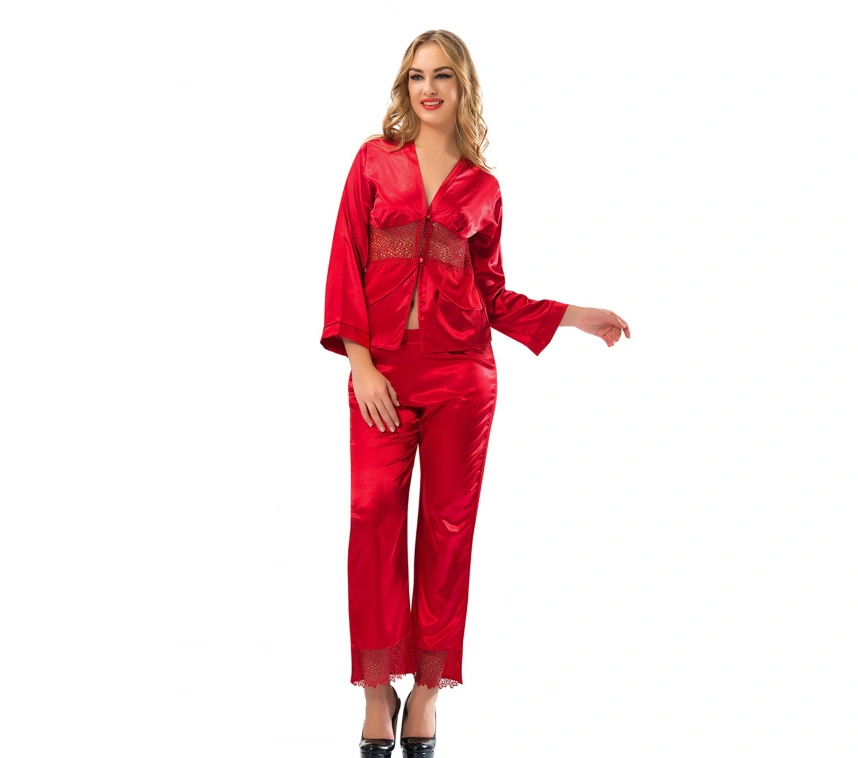 Lesca Kırmızı Saten Pijama Takımı - 1601