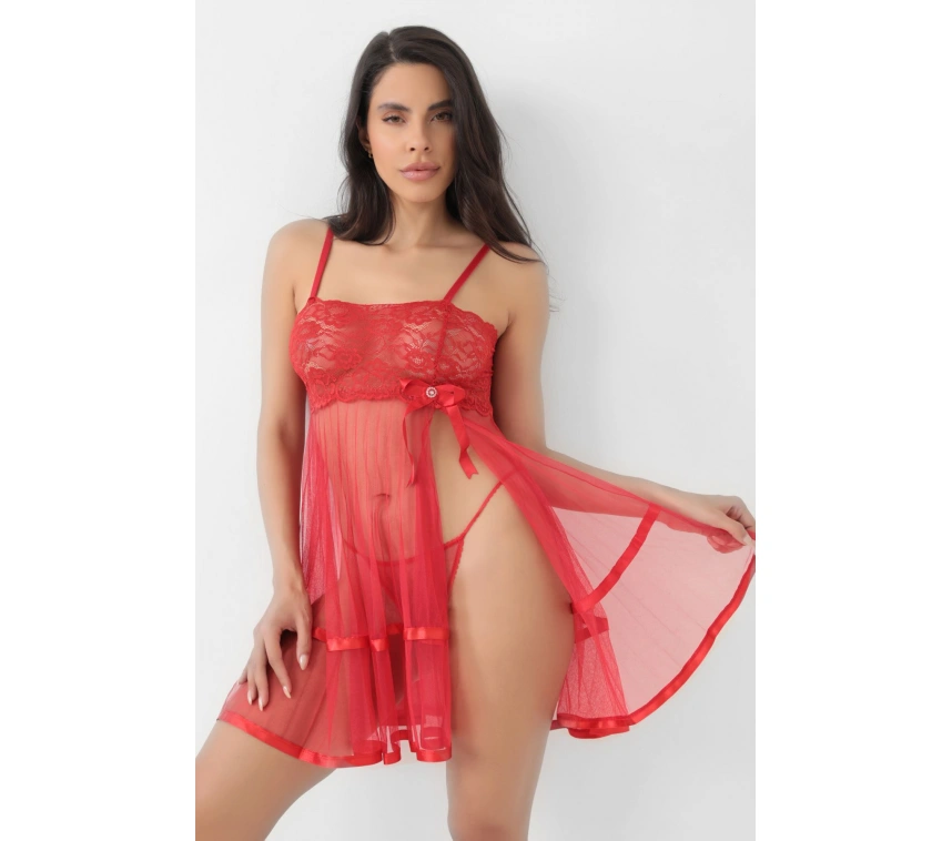Lesca Kırmızı Şifon Pileli Gecelik-835