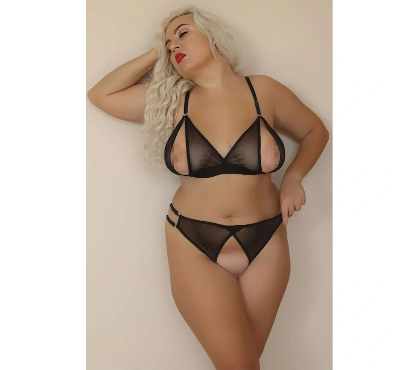 Lesca Özel Bölgeleri Açık Büyük Beden Siyah Transparan Fantazi Sütyen Takımı Brf1306