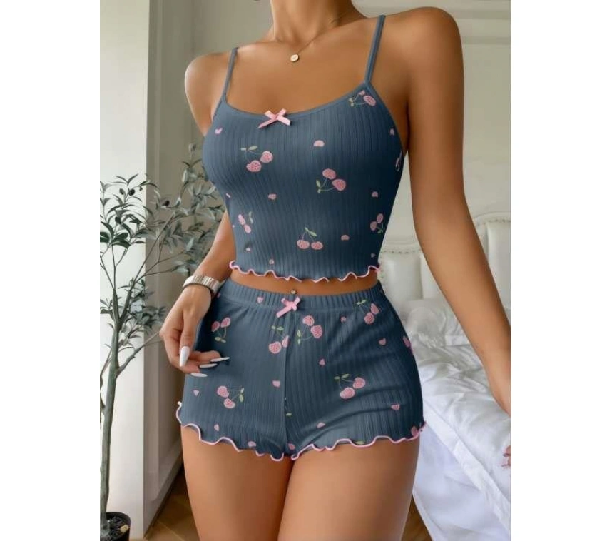 Mavi Kiraz Desenli Askılı Şortlu Pijama Takımı