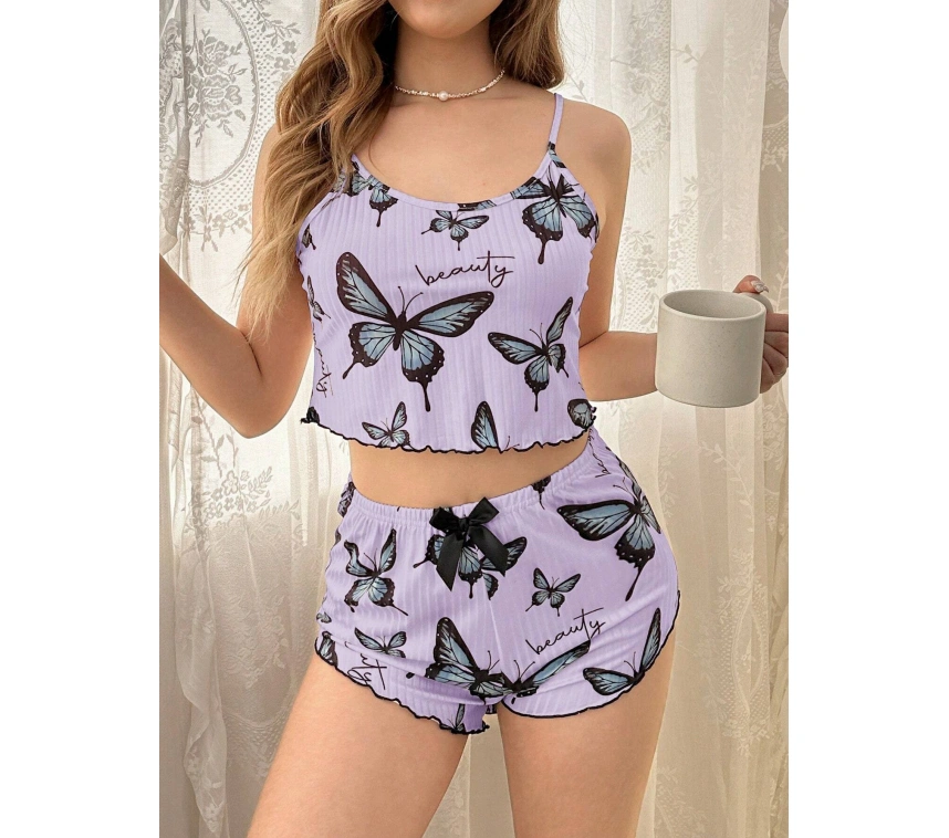 Mor Renk Kelebek Desenli Şortlu Ev Giyim Takımı,kadın Yazlık Askılı Pijama, Rahat Ve Şık Ev Giyim