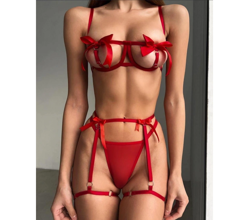 Özel Tasarım Kırmızı Kurdela Detaylı Jartiyerli Fantezi Sütyen String Takımı