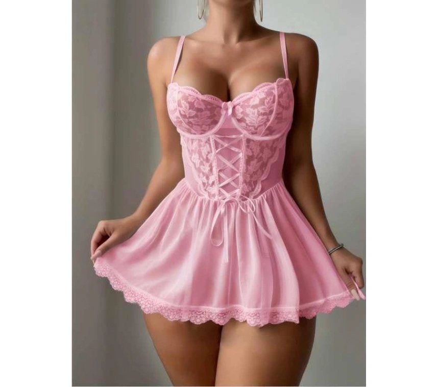 Özel Tasarım Pembe Dantel İşlemeli Tül Fantezi Gecelik