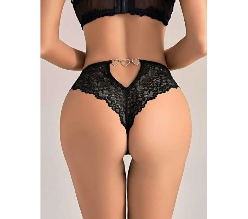 Siyah Dantel İşlemeli Arkası Kalp Detaylı Fantezi String Tanga