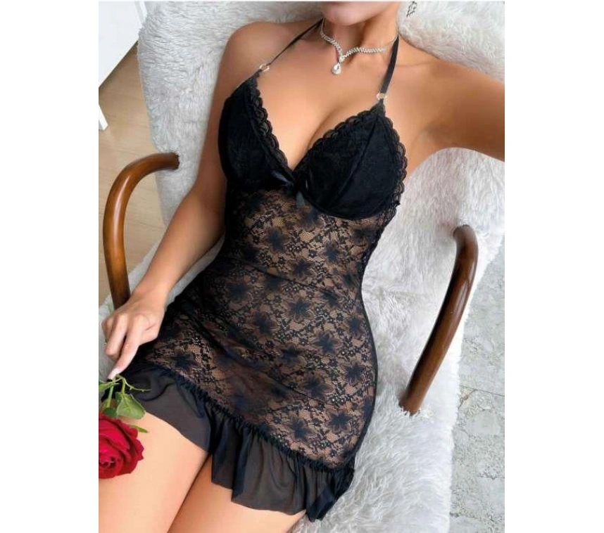 Siyah Dantel İşlemeli Boyundan Bağlamalı Likralı Fantezi Tül Gecelik