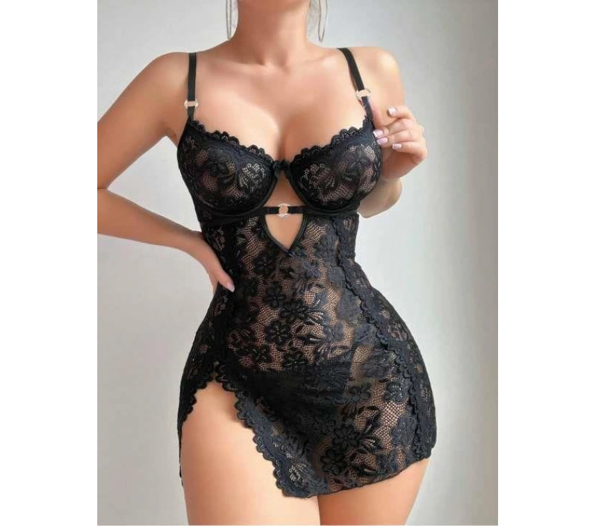 Siyah Full Dantel İşlemeli İnce Askılı Yırtmaçlı Likralı Fantezi Gecelik