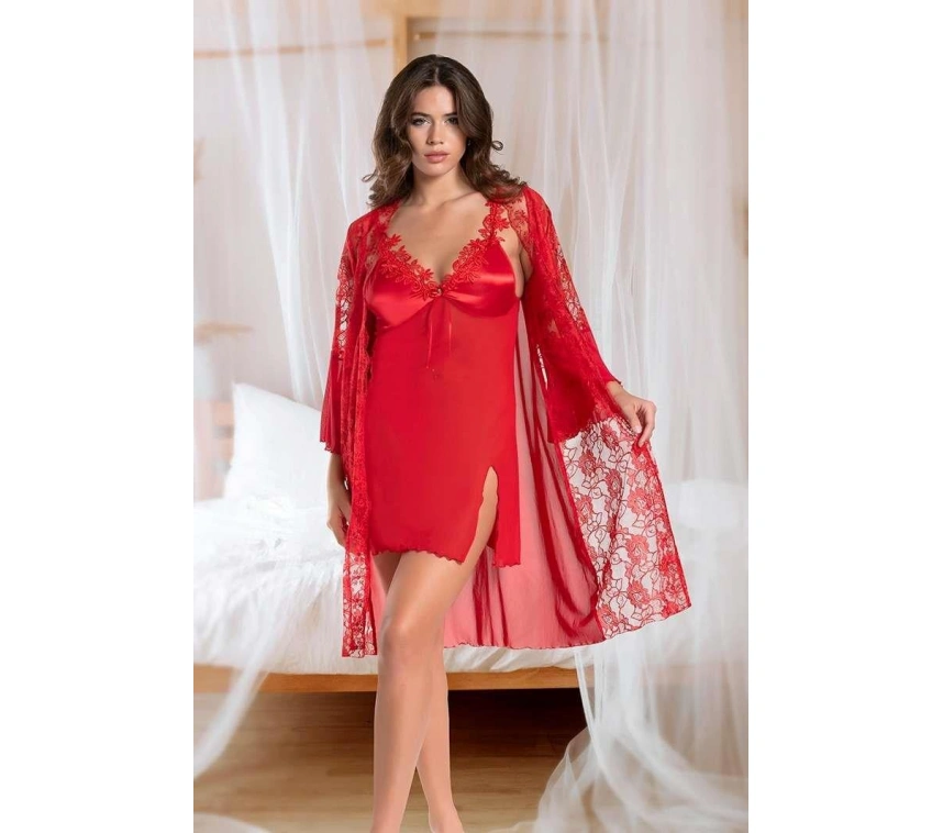 Transparan Dantel İşlemeli Tül Yırtmaçlı 2li Kırmızı Gecelik Takımı