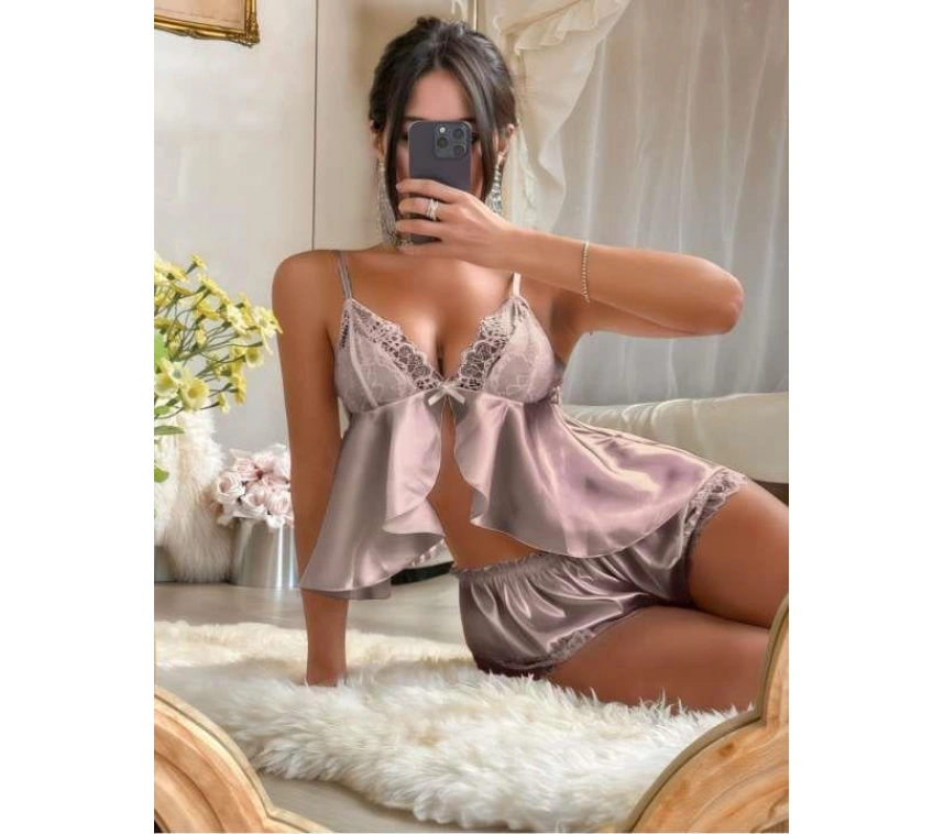 Vizon Dantel İşlemeli İnce Askılı Saten Şortlu Takım