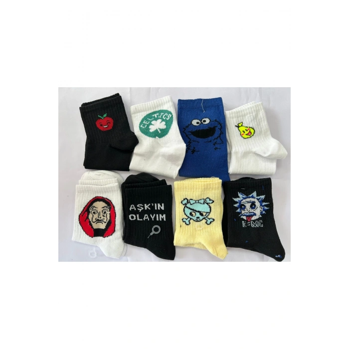 Karakter Desenli Unisex 8 Çift Pamuklu Çorap