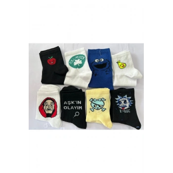 Karakter Desenli Unisex 8 Çift Pamuklu Çorap