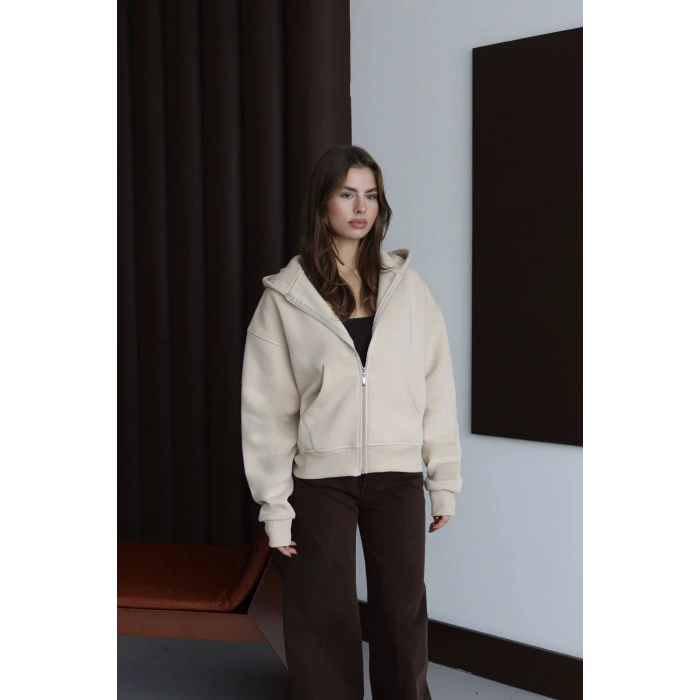 3 iplik şardonlu kapşonlu hoodie frm bej p510437