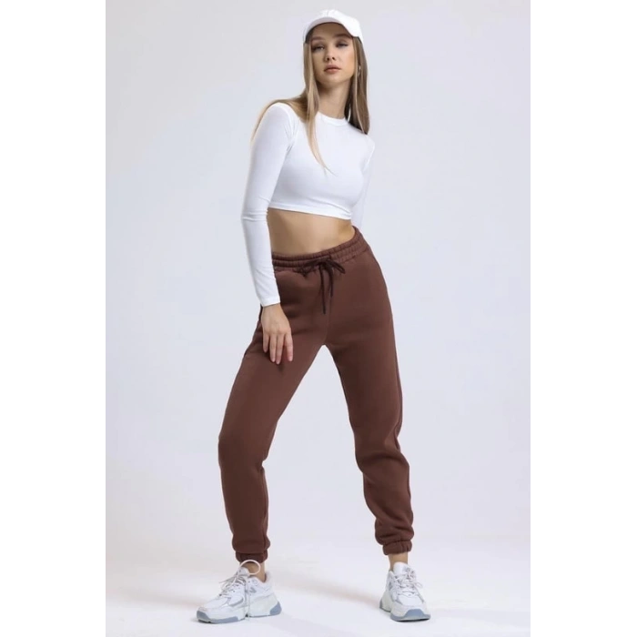 3 iplik şardonlu paça lastikli eşofman kahve is001